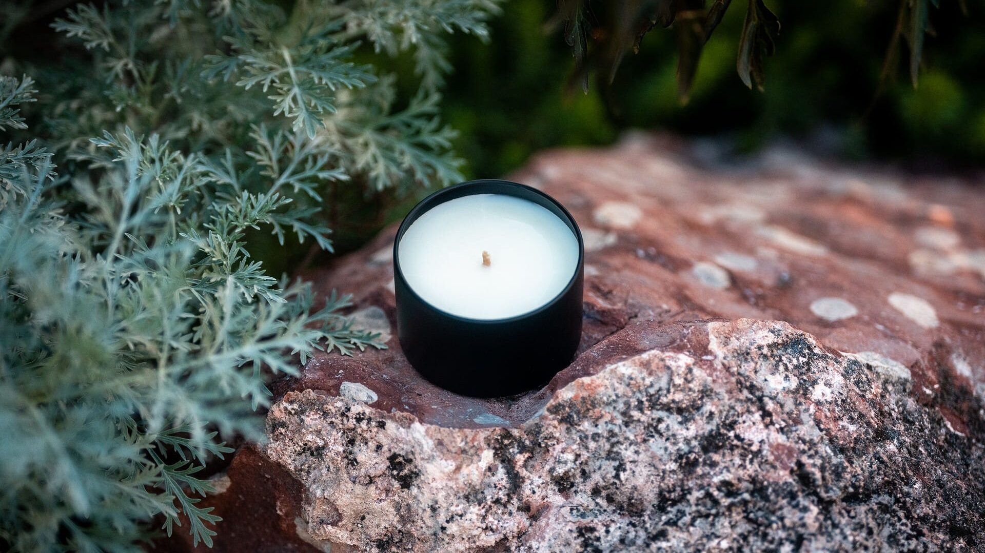 Organic candle in black metal tin on rock with greenery in the background.